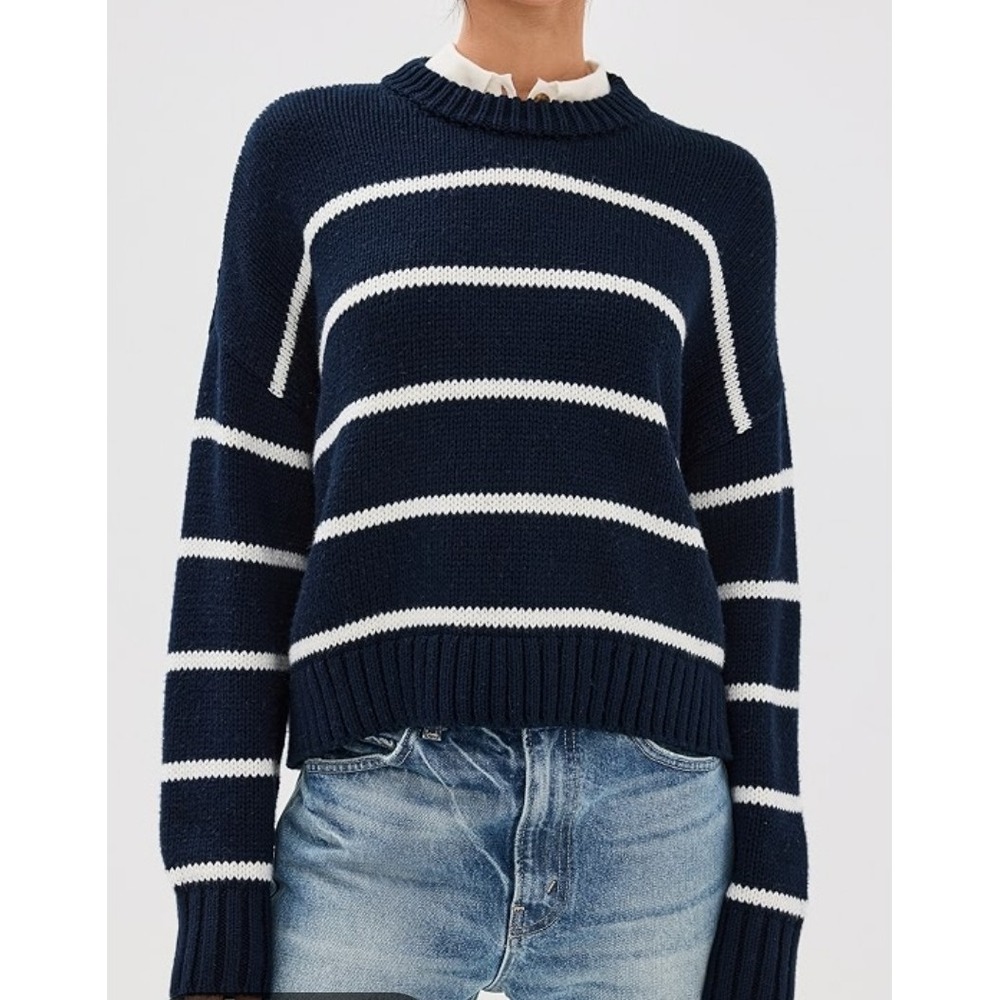Jenni Kayne Chloe Striped Cotton Fisherman Crewneck Sweater Navy Blue S